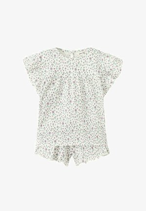 Tutina bianca a maniche corte con piccola stampa floreale viola e verde, scollo rotondo e chiusura con bottoni sul retro.