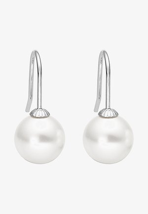Hvite perledropøredobber med sølvkroker, med en glatt sfærisk form og en teksturert hette detalj på toppen.