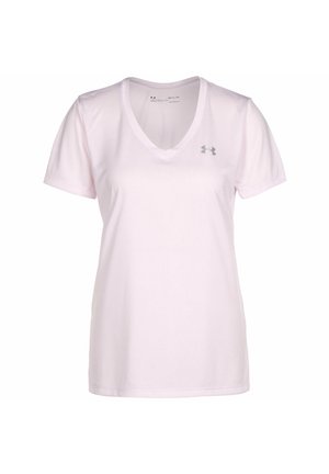 Light pink women's short-sleeve V-neck athletic T-shirt with small gray Under Armour logo on the upper left chest.