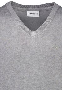 Grauer V-Ausschnitt-Pullover in enger Passform aus weichem Stoff, mit geripptem Besatz am Kragen und einem kleinen, auf der Brust gestickten Logo.