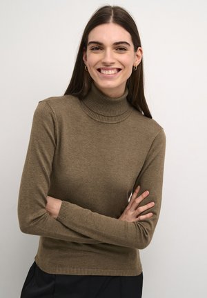 Maglione a collo alto color khaki con maniche lunghe, colletto e polsini a coste, realizzato in un morbido tessuto a maglia, con un design aderente e un colore uniforme.