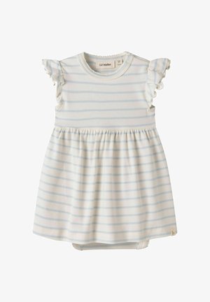 Robe bébé à rayures horizontales bleu clair et blanc, manches courtes à volants et taille froncée, taille 1-2 mois.