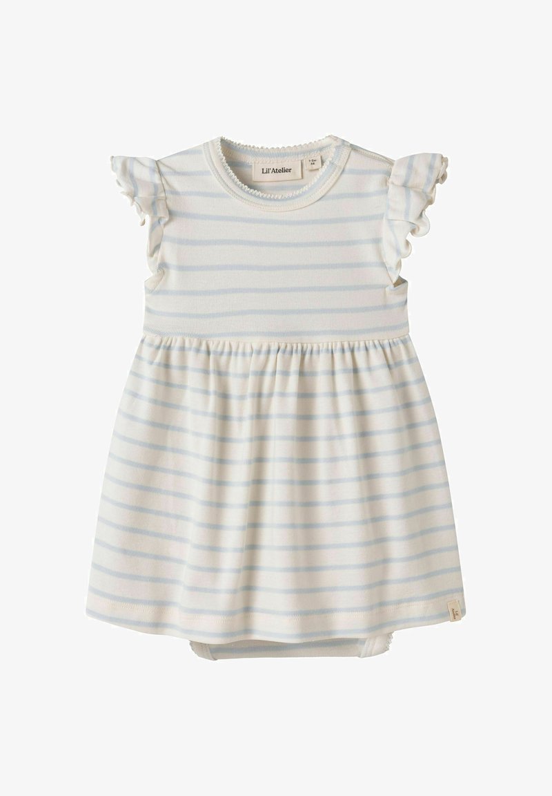 Robe bébé à rayures horizontales bleu clair et blanc, manches courtes à volants et taille froncée, taille 1-2 mois.