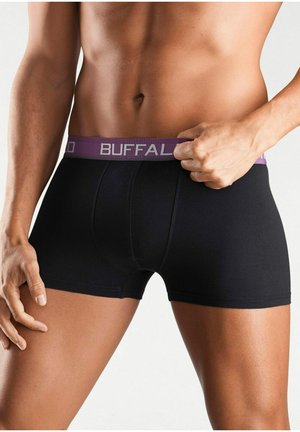 Schwarze Baumwoll-Boxer-Briefs mit lila Bündchen, auf dem "BUFFALO" steht. Sie bieten einen engen Sitz und eine glatte Textur für zusätzlichen Komfort.