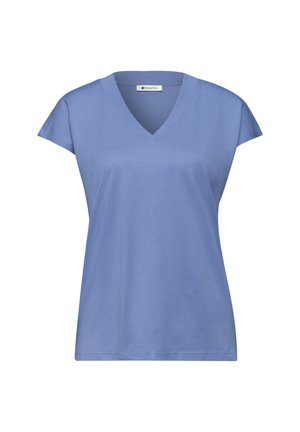 T-shirt bleu clair à manches courtes avec col en V, coupe décontractée et petite étiquette de marque à l'intérieur du col.