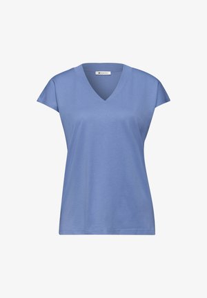 T-shirt bleu clair à manches courtes avec col en V, coupe décontractée et petite étiquette de marque à l'intérieur du col.