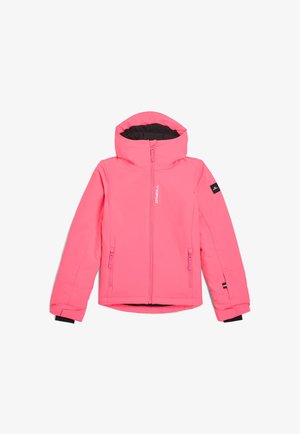 Felle roze geïsoleerde jas met een capuchon en zwarte voering. Beschikt over twee voorzakken met rits en een logo op de mouw. Glad, synthetisch materiaal.