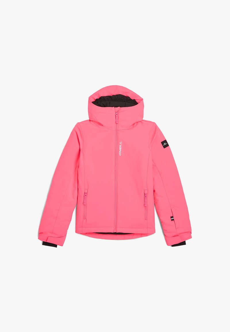 Helle pink isolierte Jacke mit Kapuze und schwarzem Futter. Verfügt über zwei vordere Reißverschlusstaschen und ein Logo am Ärmel. Glattes, synthetisches Material.