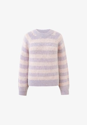 Zachte, pluizige trui met lange mouwen en horizontale strepen in lichtpaars en roomwit, voorzien van geribbelde boorden en zoom.