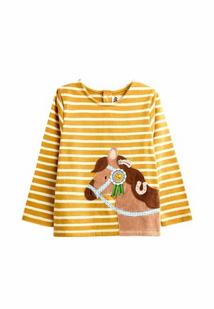 Geel-wit gestreept shirt met lange mouwen met een applicatie van een bruin paard met een blauw hoofdstel en een groen-blauw lint.
