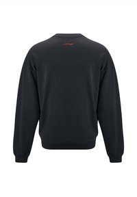 Czarny sweter z okrągłym dekoltem, wykonany z mieszanki bawełny, z prążkowanymi mankietami i dołem, wyposażony w mały, czerwony, haftowany szczegół na górnej części pleców.