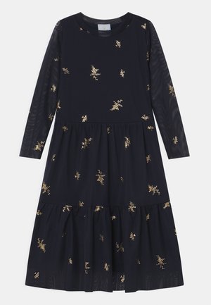 Granatowa sukienka z długim rękawem, z przezroczystymi rękawami, falbaniastym dołem i rozsypanymi złotymi haftami kwiatowymi na całej powierzchni.