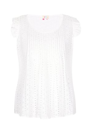 Top din bumbac alb cu decolteu rotund, mâneci scurte cu volane, model brodat cu ochiuri și o siluetă ușor evazată.