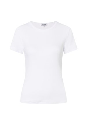 Witte aansluitende T-shirt met korte mouwen, een ronde halslijn en een klein stoffen label aan de achterkant van de kraag.