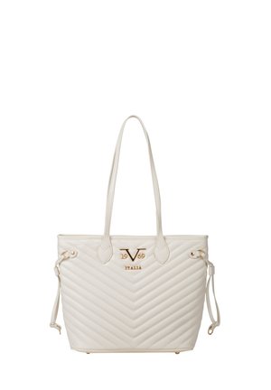 Off-white doorgestikte tote tas met lange bandjes, gouden "VF 1969 Italia" logo en verstelbare zij-koordjes.
