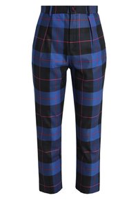 Pantalons à carreaux bleu et noir avec des accents rouges, une taille haute, des plis et une coupe effilée, fabriqués dans un tissu lisse.