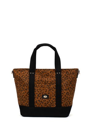Tote bag met panterprint, met een bruin canvas lichaam, zwarte banden en een effen zwarte basis. Beschikt over een ritssluiting en een accent van een voorvak.