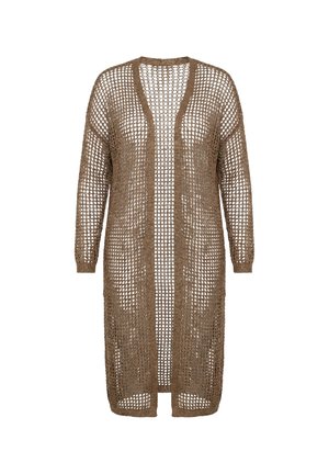 Langer brauner Häkelcardigan mit offenem Vorderteil, langen Ärmeln und lockerem, luftigen Strickmuster.