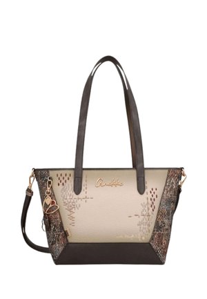 Borsa rettangolare beige e marrone con pannelli laterali testurizzati, due manici, tracolla removibile e nome del marchio in tono oro "Anekke" sul davanti.