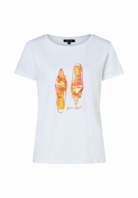 White cotton t-shirt featuring a graphic print of orange high-heeled shoes with decorative bows and the text "your life" below.