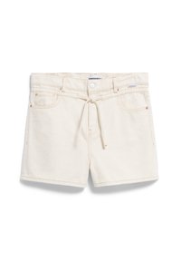 Shorts de mezclilla color blanco roto con botón en el frente, cintura con cordón, lazos para cinturón y múltiples bolsillos.