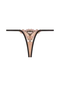 Spitzen-Tanga mit einem nude-farbenen Netz vorne, verziert mit floraler Stickerei und schwarzen elastischen Trägern. Auffällige V-Form und minimalistisches design mit geringer Bedeckung.