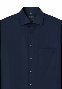 Marineblauwe button-up shirt met een moderne pasvorm, een gladde stof, een enkele borstzak en zwarte knopen. Kenmerkt zich door een klassieke kraagontwerp.
