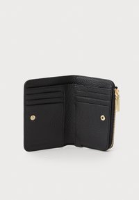 Black leather wallet with textured finish, featuring multiple card slots, a zippered closure, and a gold-tone accent.