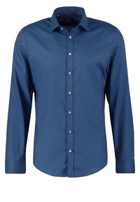 Blauw herenoverhemd met lange mouwen, gemaakt van gladde stof, met een puntkraag, knoopsluiting aan de voorkant en contrasterende knoopaccenten.