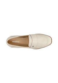 White leather slip-on shoe with a textured surface, square toe, and a wide strap across the upper. Features subtle branding and a brown sole.
