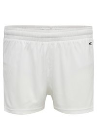 Pantalones cortos deportivos blancos hechos de un tejido ligero con una cinturilla elástica, que presenta un pequeño logo negro en el lateral. Textura suave.