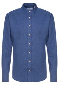 Mörkblå skjorta med krage, tillverkad av ett texturerat tyg. Har träknappar fram och lång ärm.