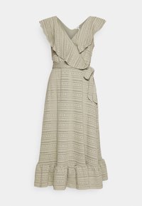 Beige midi-wrap dress with eyelet patterns, ruffled V-neckline, short sleeves, waist tie, and ruffled hem.