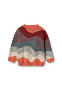 Pull en tricot aux motifs ondulés en rouge, orange, bleu, gris et crème. Les couleurs présentées s'alternent harmonieusement, avec des poignets et un ourlet côtelés.