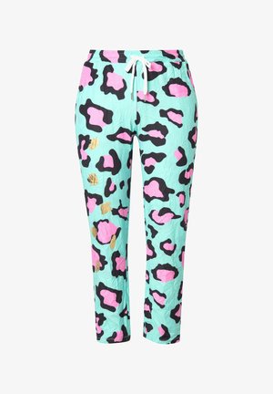 Lichte, mintgroene joggers beschikken over een gedurfde zwarte en roze luipaardprint, met een trekkoord in de taille en gouden accenten. Soepele textuur, casual pasvorm.