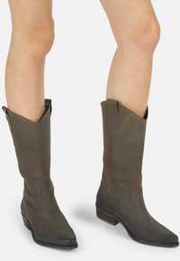 Botas de ante marrones en estilo western con puntas afiladas, un tacón bajo, costuras detalladas y una parte superior con ángulo; cuentan con tirantes laterales para ponerlas fácilmente.