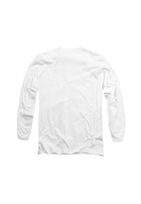 Weißes langärmeliges Shirt mit einem schlichten Design. Hergestellt aus weichem Stoff, mit Rundhalsausschnitt und leicht zerknitterter Textur. Keine sichtbaren Verzierungen.