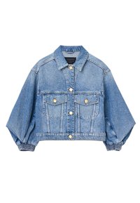 Giubbotto di jeans cropped in blu chiaro, con chiusura a bottoni, due tasche anteriori e polsini elasticizzati per una vestibilità rilassata.