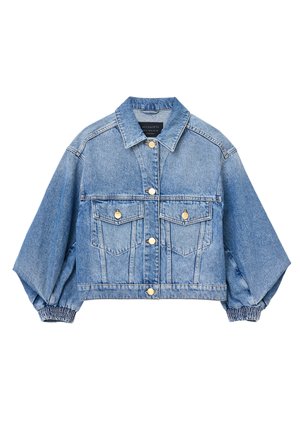 Giubbotto di jeans cropped in blu chiaro, con chiusura a bottoni, due tasche anteriori e polsini elasticizzati per una vestibilità rilassata.