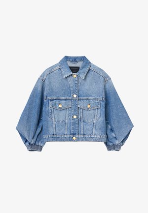 Korte denimjas in lichtblauw, met knoopsluitingen, twee frontzakken en elastische manchetten voor een comfortabele pasvorm.