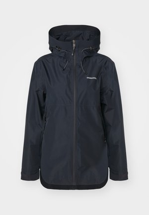 Marinewaterdichte jas met een halve rits, verstelbare capuchon en twee ritszakken aan de zijkanten. Glad textuur en minimalistisch ontwerp.