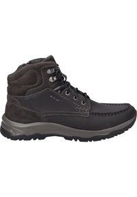 Stivali mid-top marrone scuro realizzati in pelle e suede, con una finitura testurizzata, cuciture a contrasto e suola in gomma con motivi di aderenza.