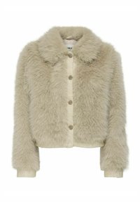 Faux fur jacket in light beige with a collar, featuring a textured front and round buttons. Cropped design with long sleeves.