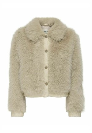 Faux fur jacket in light beige with a collar, featuring a textured front and round buttons. Cropped design with long sleeves.