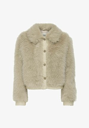 Faux fur jacket in light beige with a collar, featuring a textured front and round buttons. Cropped design with long sleeves.