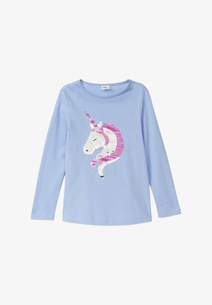 T-shirt à manches longues bleu clair avec un motif de licorne en sequins blancs et roses, doté d'un col rond et d'une texture douce.