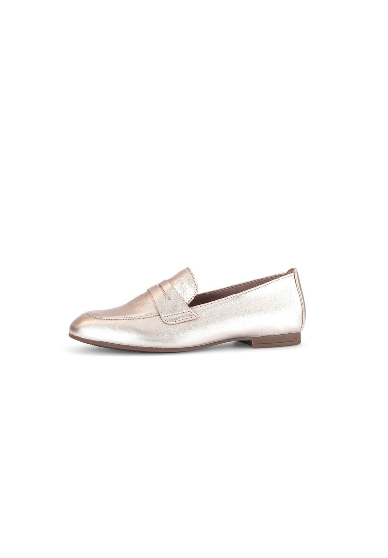 Metallic rose gold loafers with a smooth finish, a decorative strap on the vamp, and a low, flat heel. Features a rounded toe design.