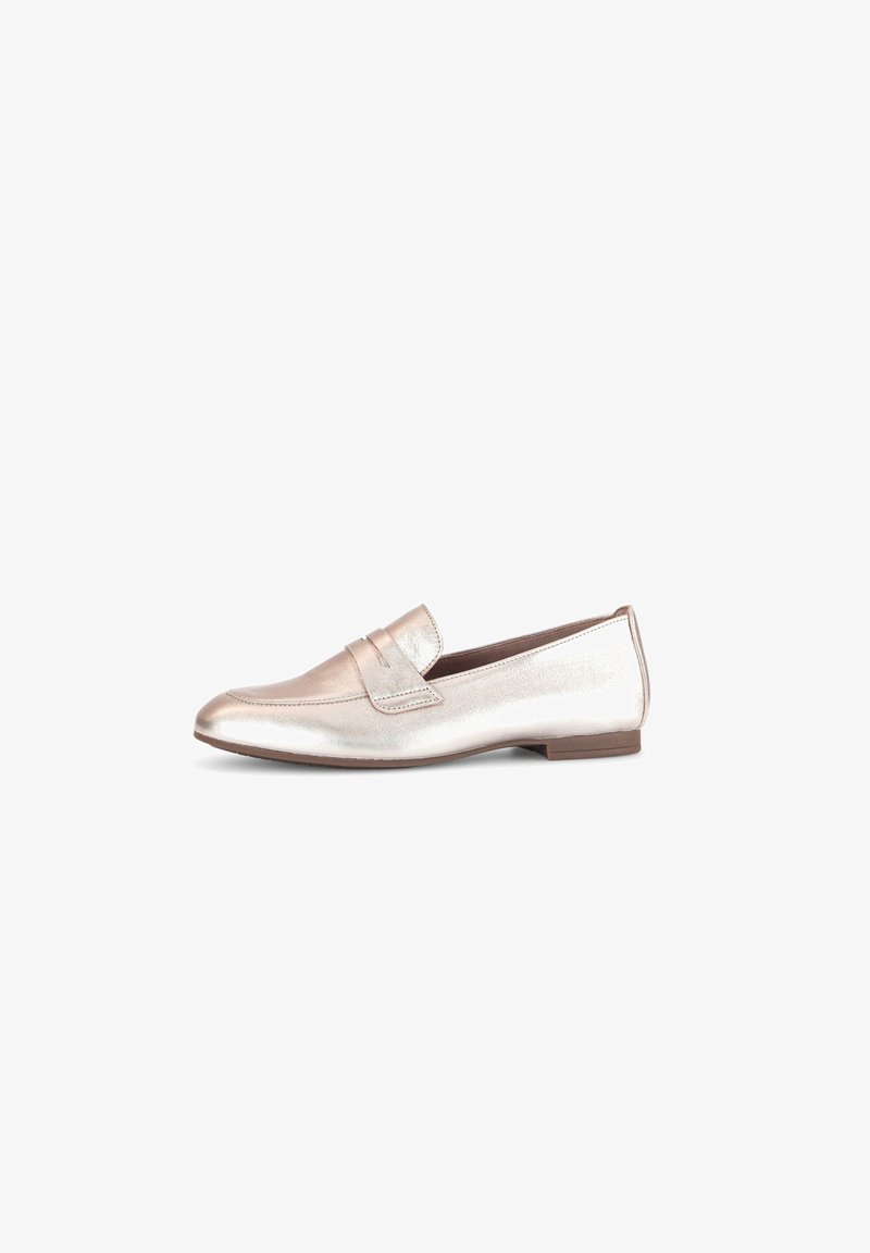 Metallic rose gold loafers with a smooth finish, a decorative strap on the vamp, and a low, flat heel. Features a rounded toe design.