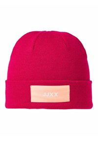 Berretto lavorato a maglia in fucsia brillante con risvolto, dotato di un'etichetta rettangolare color pesca con il testo "JJXX" in bianco.