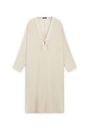 Langes beiges Leinenkleid mit langen Ärmeln, V-Ausschnitt und kleinem Bindeband am Brustbereich, flach auf weißem Hintergrund dargestellt.